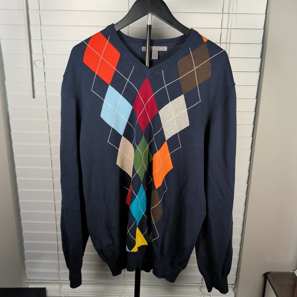 Old Navy Argyle V-Neck Sweater Men XL Navy Blue Multi Color Preppy Excellent